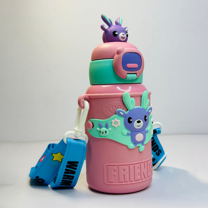 Custom Name 450ml Kids Cute Insulated Bottle – Safety Lock, Straw & Shoulder Strap (WB JI 110)