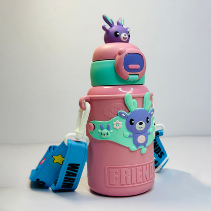 Custom Name 450ml Kids Cute Insulated Bottle – Safety Lock, Straw & Shoulder Strap (WB JI 110)