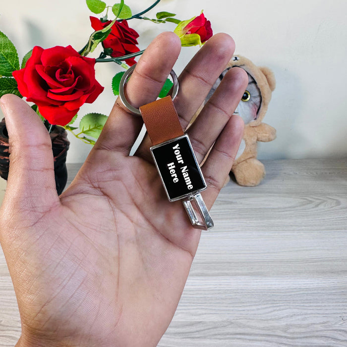 Personalized Pull-Out Rectangle Metal PU Keychain - J131