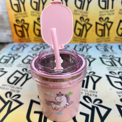 Custom Engraving Sealed Cup Water Bottle for Kids - 530ml Stainless Steel Sipper With Straw & Spoon