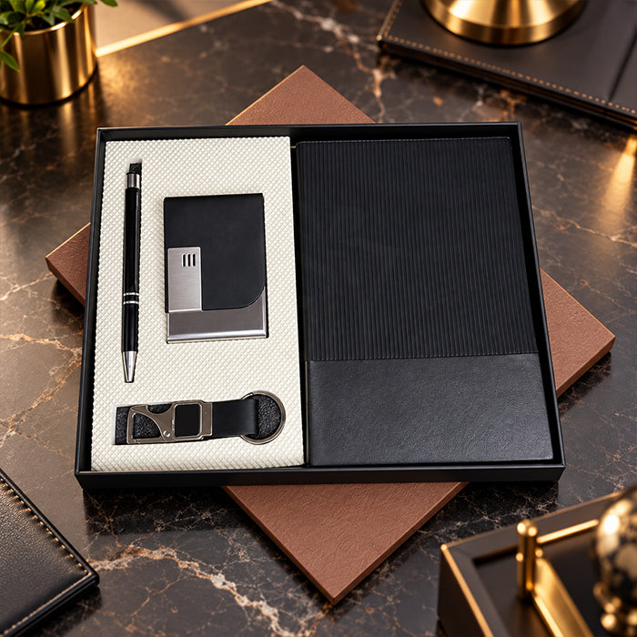 Personalized Black 4-in-1 Premium Executive Corporate Gift Set with Luxury Diary, Metal Pen, Business Card Holder & Keychain | Customized Business Gifts for Employees, Clients, Managers, Welcome Kits, Corporate Events & Bulk Gifting – MD160