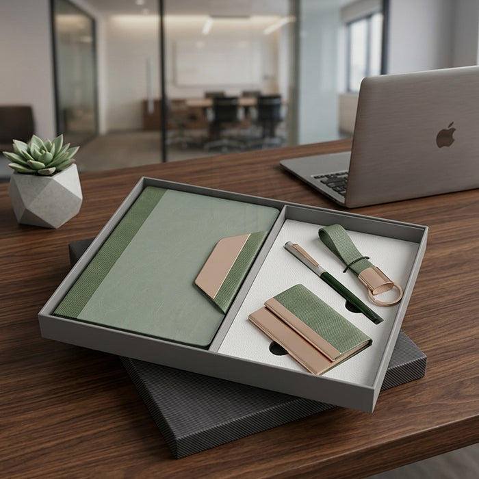 Personalized Green 4-in-1 Premium Executive Corporate Gift Set with Customized Diary, Metal Pen, Card Holder & Keychain | Business Gift for Employees, Clients, Executives, Welcome Kits, Corporate Events, Diwali & Bulk Gifting – MP4921