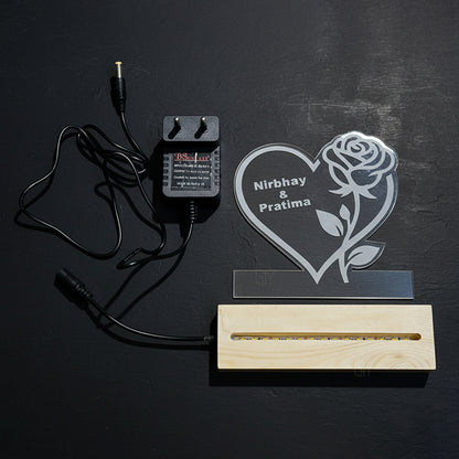 Personalized Heart Love Rose Acrylic Lamp with Custom Name – Romantic Couple Table Light for Birthday, Anniversary, Wedding & Valentine’s Day Gifts (size 15x14.5x4.5cm)