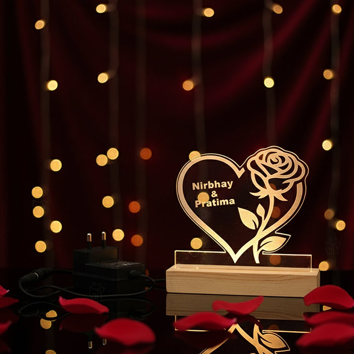 Personalized Heart Love Rose Acrylic Lamp with Custom Name – Romantic Couple Table Light for Birthday, Anniversary, Wedding & Valentine’s Day Gifts (size 15x14.5x4.5cm)