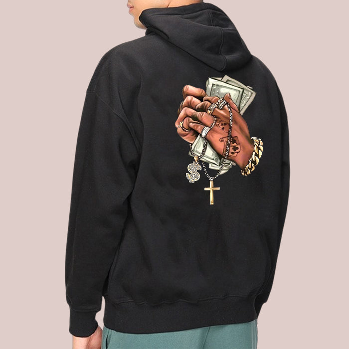 Money Hand Graphic Design Men's Black Vintage Hoodie