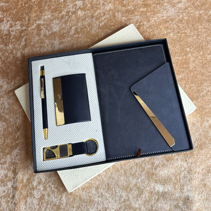 Personalized Black & Gold 4-in-1 Luxury Corporate Gift Set with Premium Diary, Metal Pen, Card Holder & Keychain | Customized Executive Gifts for Employees, Clients, Welcome Kits, Conferences, Corporate Events & Bulk Gifting – MD780