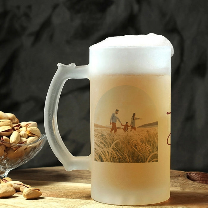 Personalized Frosted Beer Mug 500ml with Custom Name, Photo, Logo or Text | Premium Thick Glass Beer Mug | Freezer Safe Large Drinking Mug for Beer, Cold Drinks, Juice & Chilled Beverages | Birthday, Anniversary, Corporate & Personalized Gift