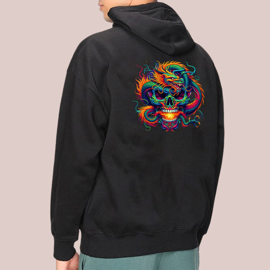 Men's Black Hoodie with Dragon Skull Graphic Design