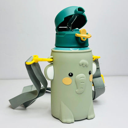 Personalized 500ml Animal Theme Stainless Steel Water Bottle with Extra Cover – Soft Silicone Spout, Broad Strap & Dual Sipping Caps with Cup - M0022