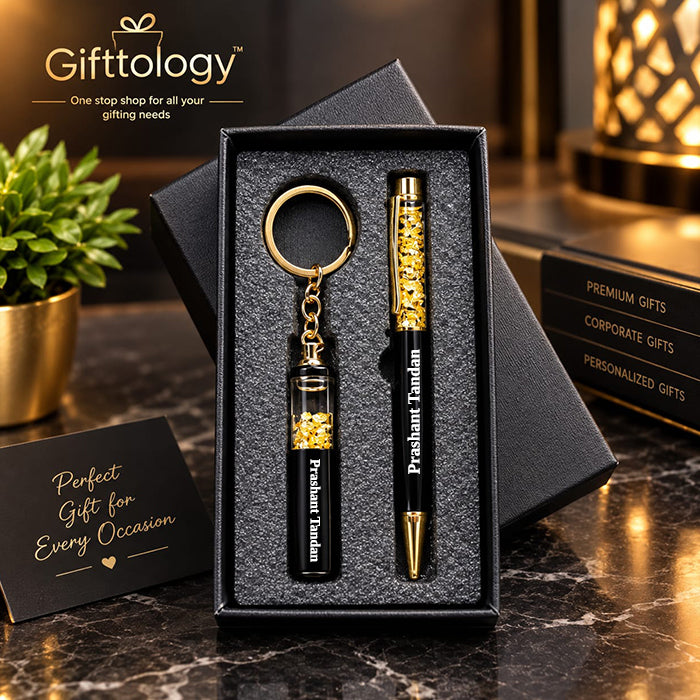 Personalized Black Golden Zari Pen and Keyring Combo - Mio Lusso Set