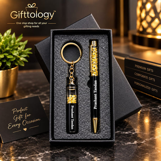 Personalized Black Golden Zari Pen and Keyring Combo - Mio Lusso Set