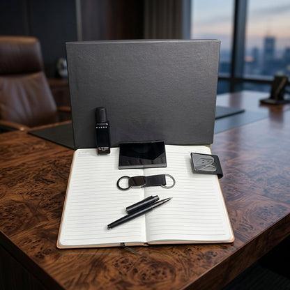 Personalized Black 5-in-1 Premium Executive Corporate Gift Set with Customized Diary, Metal Pen, Card Holder, Keychain & Pocket Perfume | Gift for Employees, Clients, Executives, Welcome Kits, Corporate Events, Diwali & Bulk Gifting – MP5502