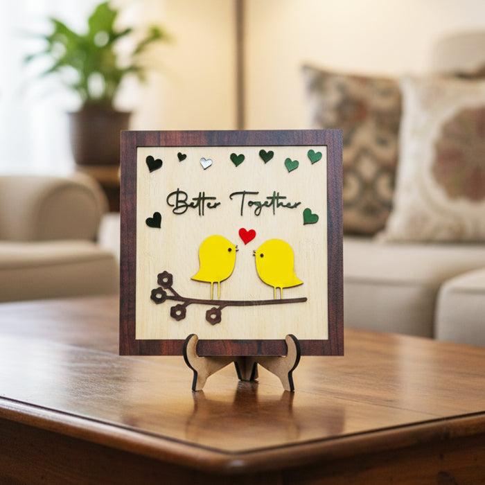 Premium Better Together Love Birds Framed Romantic Couple Wooden Décor with Home | Stylish Table Showpiece for Home, Bedroom & Living Room & Gifting size (7x7inch)