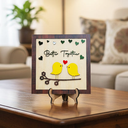 Premium Better Together Love Birds Framed Romantic Couple Wooden Décor with Home | Stylish Table Showpiece for Home, Bedroom & Living Room & Gifting size (7x7inch)