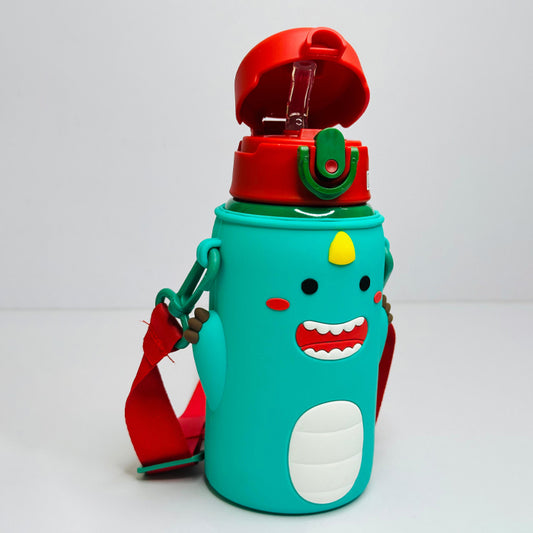 Personalized 500ml Animal Theme Stainless Steel Water Bottle with Extra Cover – Soft Silicone Spout, Broad Strap & Dual Sipping Caps with Cup - M0022