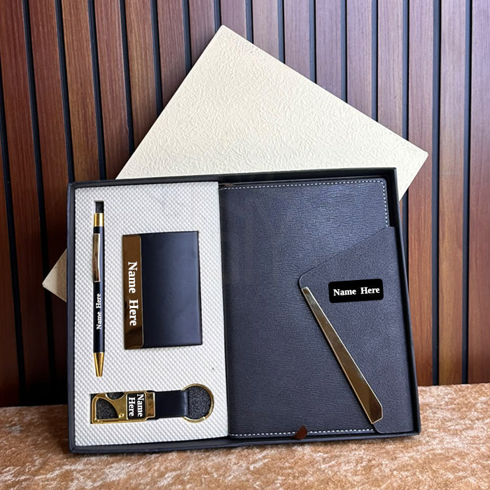 Personalized Black & Gold 4-in-1 Luxury Corporate Gift Set with Premium Diary, Metal Pen, Card Holder & Keychain | Customized Executive Gifts for Employees, Clients, Welcome Kits, Conferences, Corporate Events & Bulk Gifting – MD780