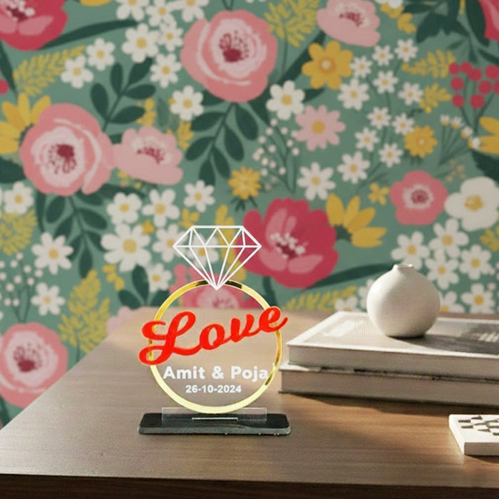 Personalized Diamond Love Acrylic Showpiece with Couple Name & Date – Romantic Home & Table Decor (8.5x11.5x3.5cm)