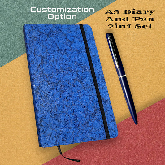 Custom Name & Logo Hardboard Blue A5 Diary And Pen 2in1 Set