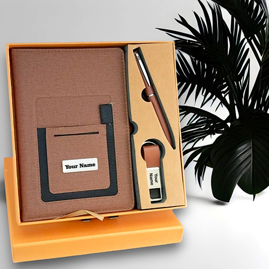 Tempt Personalized Diary with Pen and Metal Keychain Gift Set 3 in 1 Combo Brown M1050