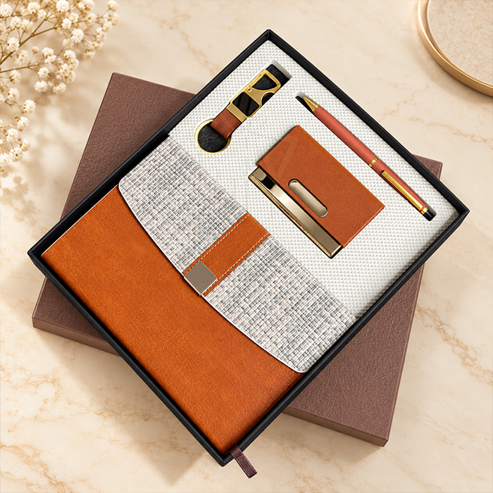Personalized Tan & Gold 4-in-1 Premium Executive Corporate Gift Set – Luxury Diary, Metal Pen, Card Holder & Hook Keychain | Customized Business Gifts – MD159