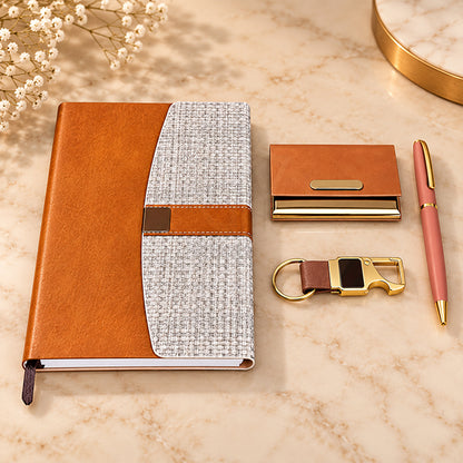 Personalized Tan & Gold 4-in-1 Premium Executive Corporate Gift Set – Luxury Diary, Metal Pen, Card Holder & Hook Keychain | Customized Business Gifts – MD159