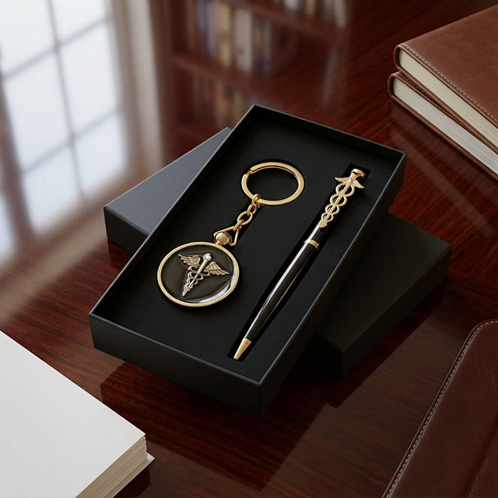 Personalized Doctor Gift Set with Customized Black & Gold Metal Ball Pen, Name Engraving & Caduceus Doctor Keychain | Premium Luxury Gift for MBBS Doctors, Physicians, Surgeons, Medical Students, Interns & Healthcare Professionals Gift