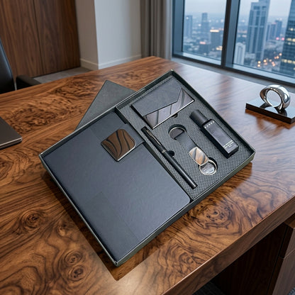 Personalized Black 5-in-1 Premium Executive Corporate Gift Set with Customized Diary, Metal Pen, Card Holder, Keychain & Pocket Perfume | Gift for Employees, Clients, Executives, Welcome Kits, Corporate Events, Diwali & Bulk Gifting – MP5502