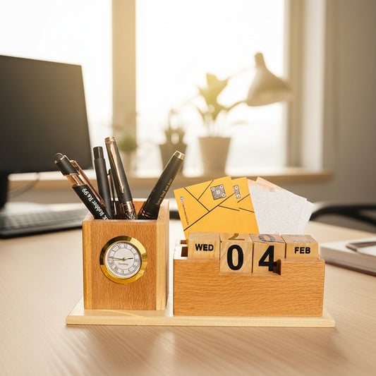 Premium Wooden Desk Organizer with Clock, Calendar, Mobile Stand & Business Card Holder | Pen, Pencil & Stationery Stand for Office Desk & Study Table