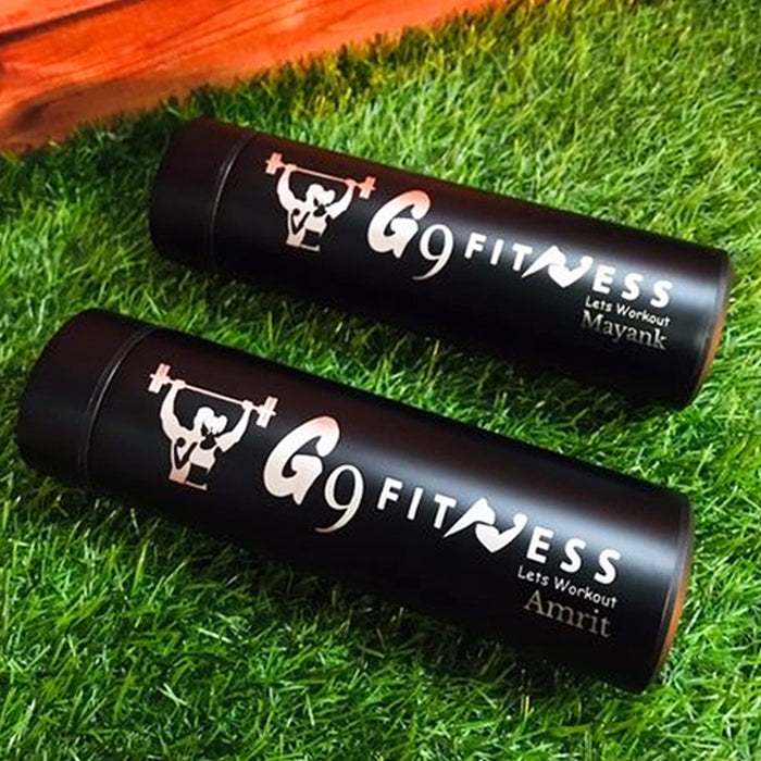 Personalized Black Stainless Steel Sports Bottle | LED Temperature Display | Double-Wall Vacuum Insulated | 500ml | 24H Hot & Cold