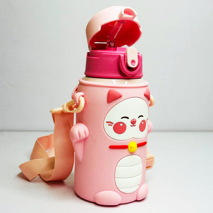 Personalized 500ml Animal Theme Stainless Steel Water Bottle with Extra Cover – Soft Silicone Spout, Broad Strap & Dual Sipping Caps with Cup - M0022