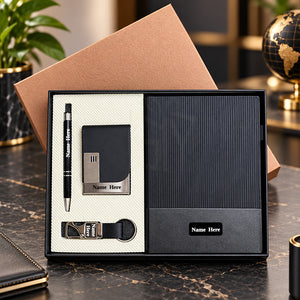 Personalized Black 4-in-1 Premium Executive Corporate Gift Set with Luxury Diary, Metal Pen, Business Card Holder & Keychain | Customized Business Gifts for Employees, Clients, Managers, Welcome Kits, Corporate Events & Bulk Gifting – MD160