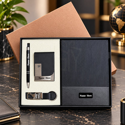Personalized Black 4-in-1 Premium Executive Corporate Gift Set with Luxury Diary, Metal Pen, Business Card Holder & Keychain | Customized Business Gifts for Employees, Clients, Managers, Welcome Kits, Corporate Events & Bulk Gifting – MD160