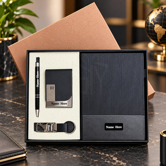 Personalized Black 4-in-1 Premium Executive Corporate Gift Set with Luxury Diary, Metal Pen, Business Card Holder & Keychain | Customized Business Gifts for Employees, Clients, Managers, Welcome Kits, Corporate Events & Bulk Gifting – MD160