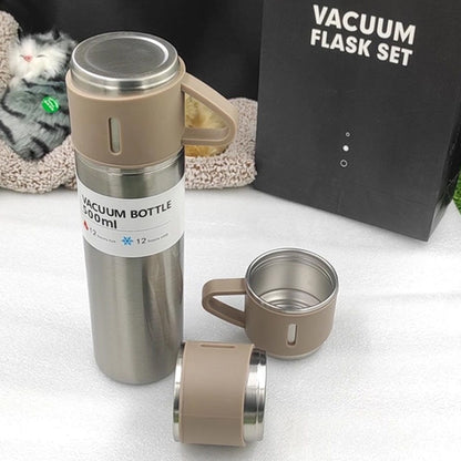 Customized 500ml Vacuum Flask Set Silver & Grey cap - One Bottle, Three Mugs (M409)