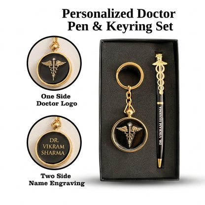 Personalized Doctor Gift Set with Customized Black & Gold Metal Ball Pen, Name Engraving & Caduceus Doctor Keychain | Premium Luxury Gift for MBBS Doctors, Physicians, Surgeons, Medical Students, Interns & Healthcare Professionals Gift