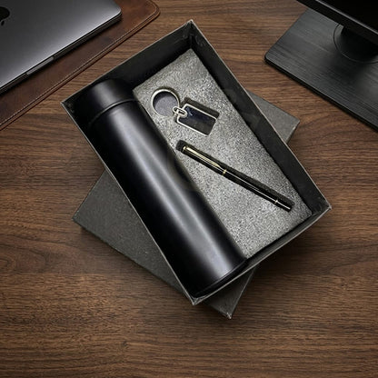 Personalized 3-in-1 Premium Gift Set with Stainless Steel Insulated Water Bottle with LED Temperature Display, Metal Keychain & Executive Pen | Customized Corporate Gift for Employees, Clients, Office, School, Travel & Festive Gifting