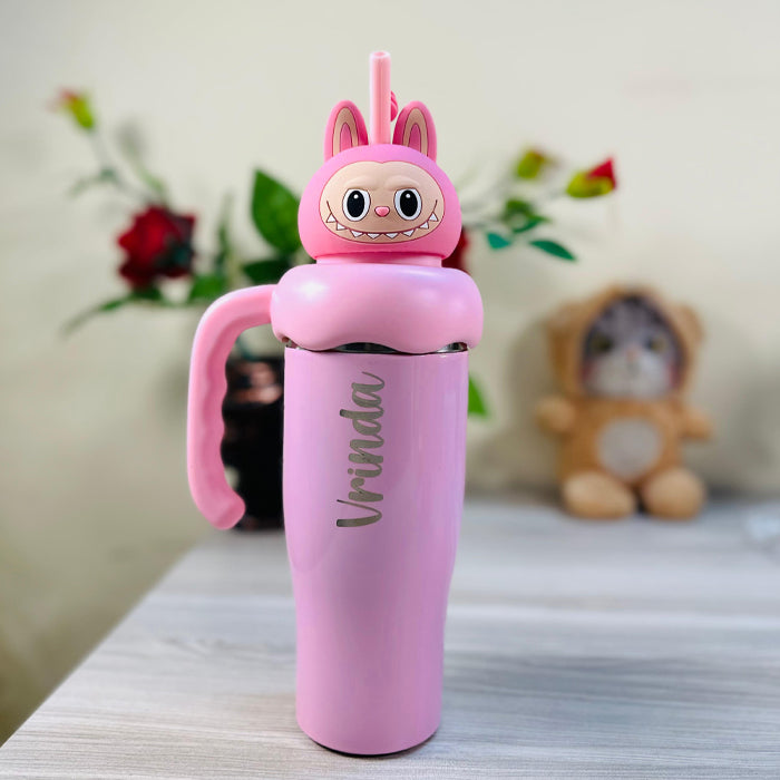Personalized Cartoon-Themed Insulated Steel Bottle with Character Handle Cap