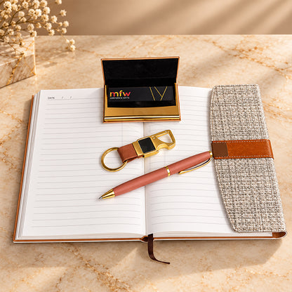 Personalized Tan & Gold 4-in-1 Premium Executive Corporate Gift Set – Luxury Diary, Metal Pen, Card Holder & Hook Keychain | Customized Business Gifts – MD159