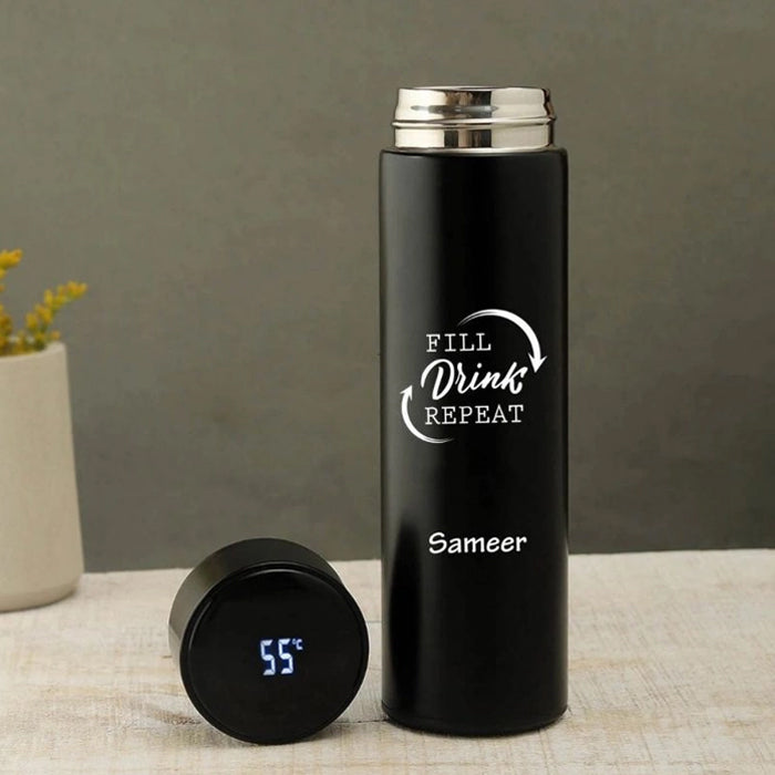 Personalized Black Stainless Steel Sports Bottle | LED Temperature Display | Double-Wall Vacuum Insulated | 500ml | 24H Hot & Cold