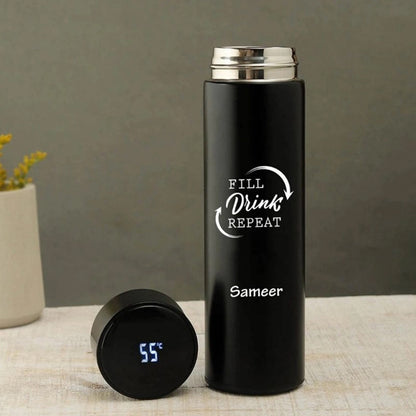 Personalized Black Stainless Steel Sports Bottle | LED Temperature Display | Double-Wall Vacuum Insulated | 500ml | 24H Hot & Cold