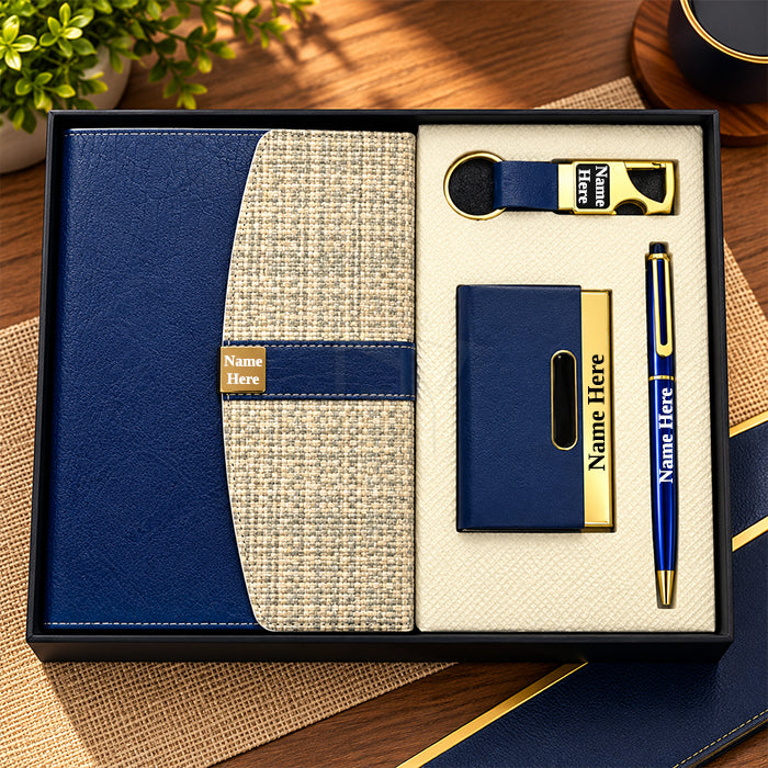 Personalized Blue & Gold 4-in-1 Premium Executive Corporate Gift Set – Luxury Diary, Metal Pen, Card Holder & Hook Keychain | Customized Business Gifts – MD159