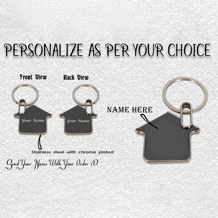 Personalized Home-Shaped Metal Keychain – Black Finish, Dual-Side Laser Engraved | M570 (Pack of 1)