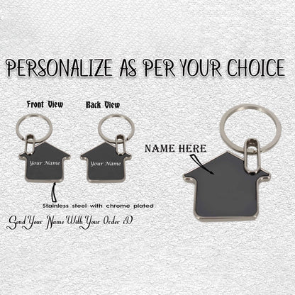 Personalized Home-Shaped Metal Keychain – Black Finish, Dual-Side Laser Engraved | M570 (Pack of 1)