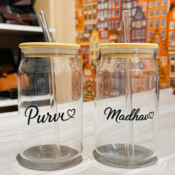 Customizable Sipper Can Tumbler Glass Cup with Bamboo Lids and Straws - 350ml, Drinking Glass Tumbler Cup for Iced Coffee, Beer, Soda, Juice, Smoothies & Cold Beverages