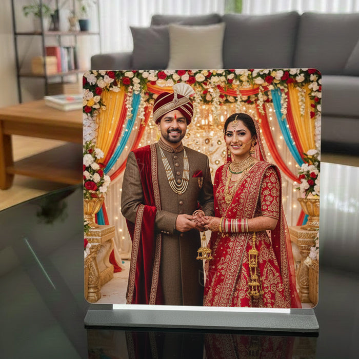 Personalized Sublimation Wooden Table Photo Frame with Elegant Black Base | Custom Photo Printing | Perfect Gift for Anniversary, Birthday & Home Décor (8×8 Inch)