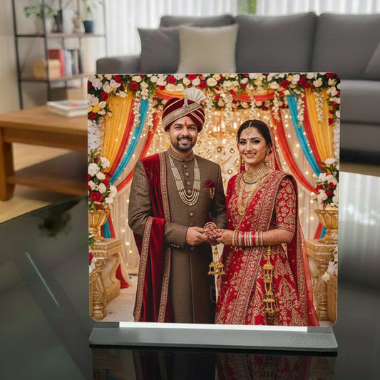 Personalized Sublimation Wooden Table Photo Frame with Elegant Black Base | Custom Photo Printing | Perfect Gift for Anniversary, Birthday & Home Décor (8×8 Inch)