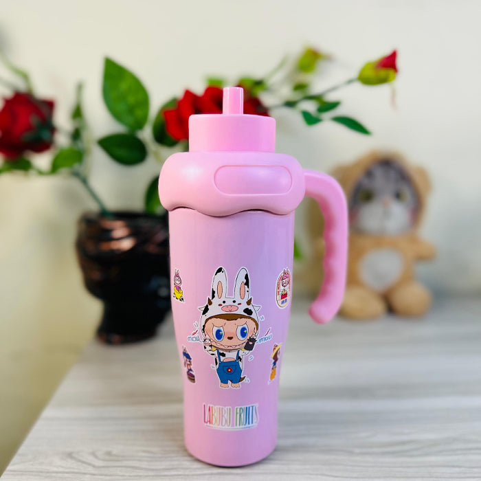 Personalized Cartoon-Themed Insulated Steel Bottle with Character Handle Cap