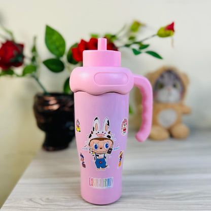 Personalized Cartoon-Themed Insulated Steel Bottle with Character Handle Cap