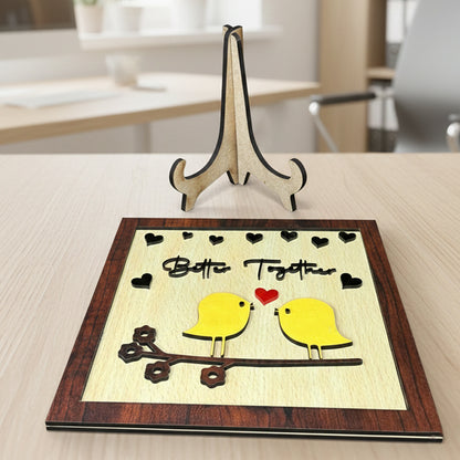 Premium Better Together Love Birds Framed Romantic Couple Wooden Décor with Home | Stylish Table Showpiece for Home, Bedroom & Living Room & Gifting size (7x7inch)