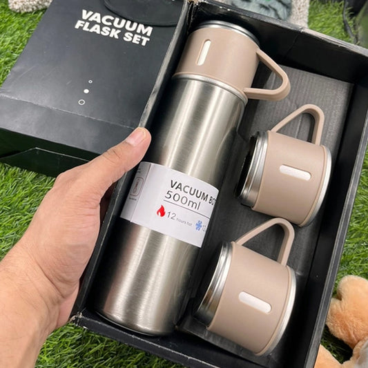 Customized 500ml Vacuum Flask Set Silver & Pink cap - One Bottle, Three Mugs (M409)